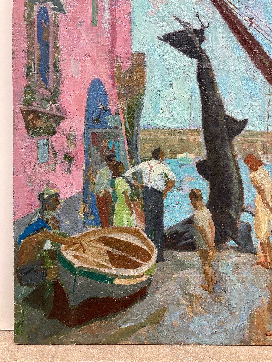 Maurice Delavier (1902-1986). Le Requin, 1947. Huile Sur Panneau, Sign&eacute;e Et Dat&eacute;e.-photo-1