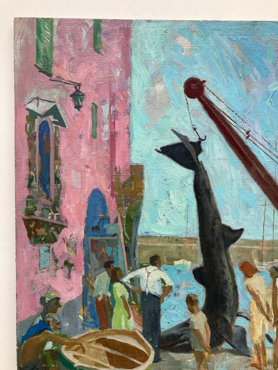 Maurice Delavier (1902-1986). Le Requin, 1947. Huile Sur Panneau, Signée Et Datée.-photo-2