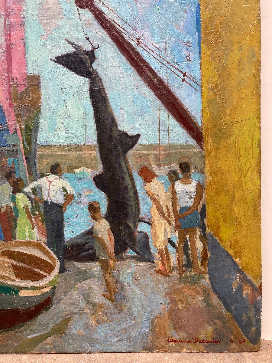 Maurice Delavier (1902-1986). Le Requin, 1947. Huile Sur Panneau, Signée Et Datée.-photo-4
