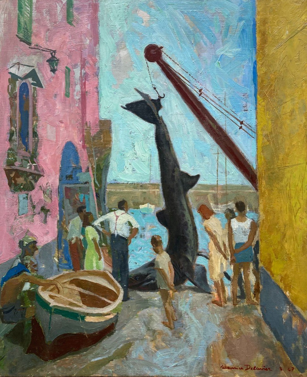 Maurice Delavier (1902-1986). Le Requin, 1947. Huile Sur Panneau, Signée Et Datée.