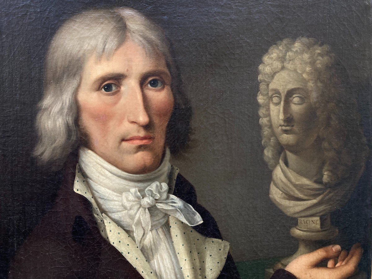 French School From The 18th Century. Portrait Of A Man With The Bust Of Racine. Oil On Canvas.-photo-3