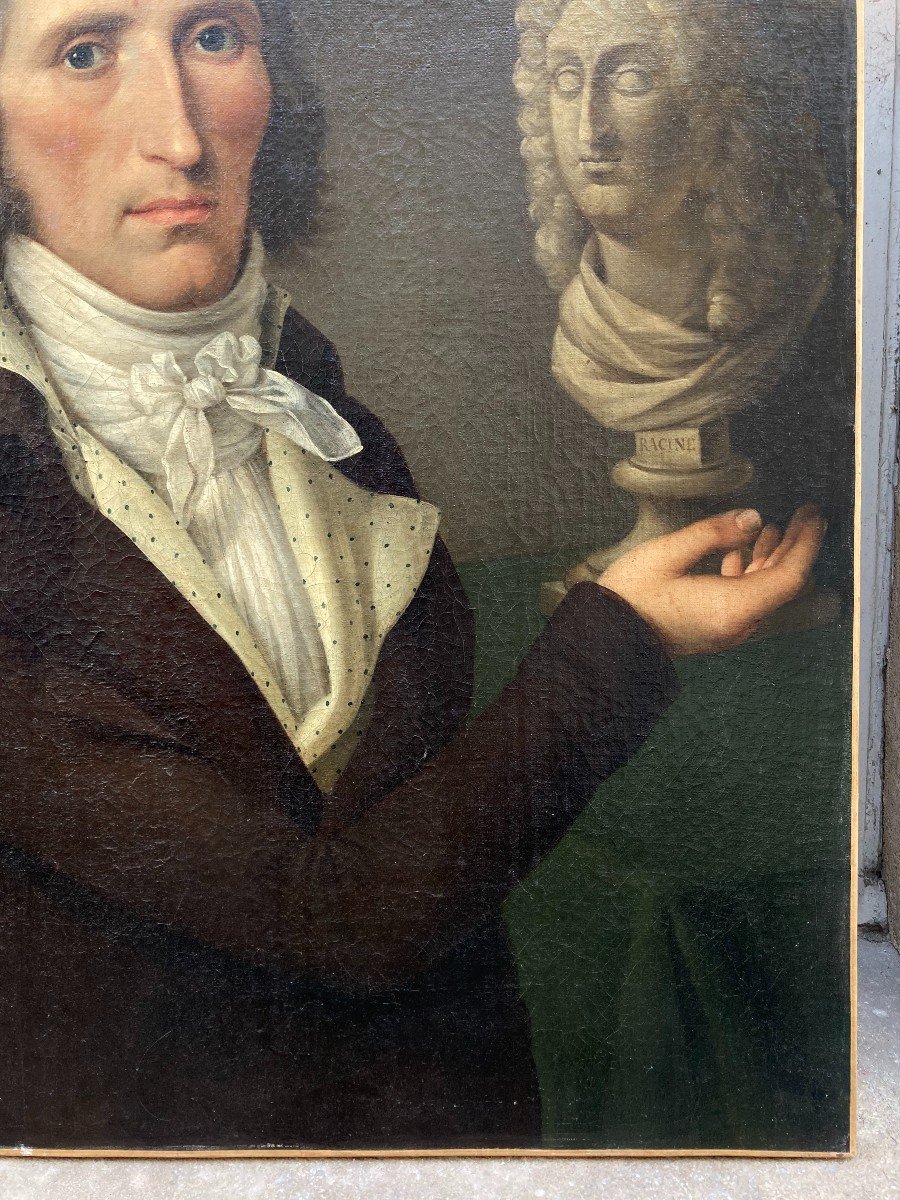 French School From The 18th Century. Portrait Of A Man With The Bust Of Racine. Oil On Canvas.-photo-4