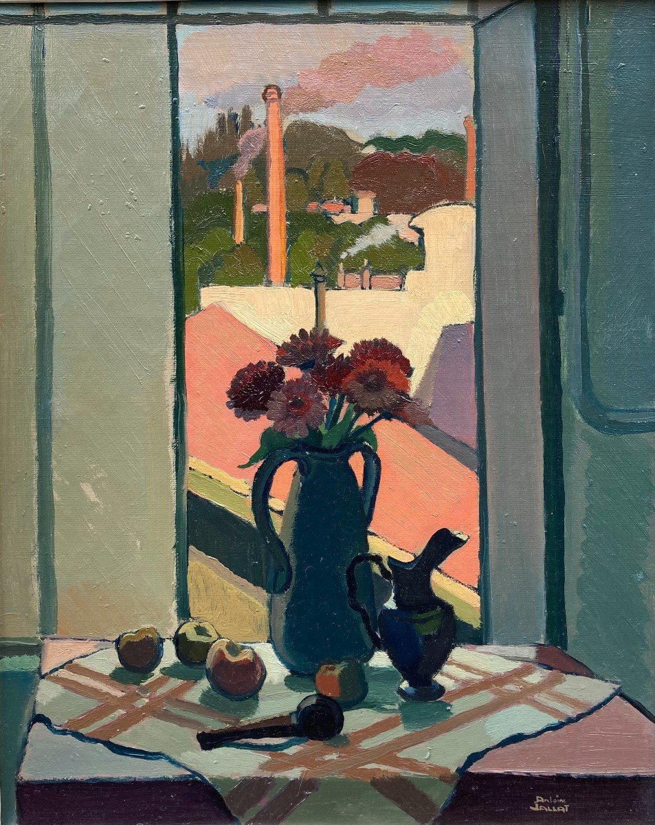 Antoine Jallat (1911-1971). Composition In Front Of The Window. Oil On Canvas, Signed.