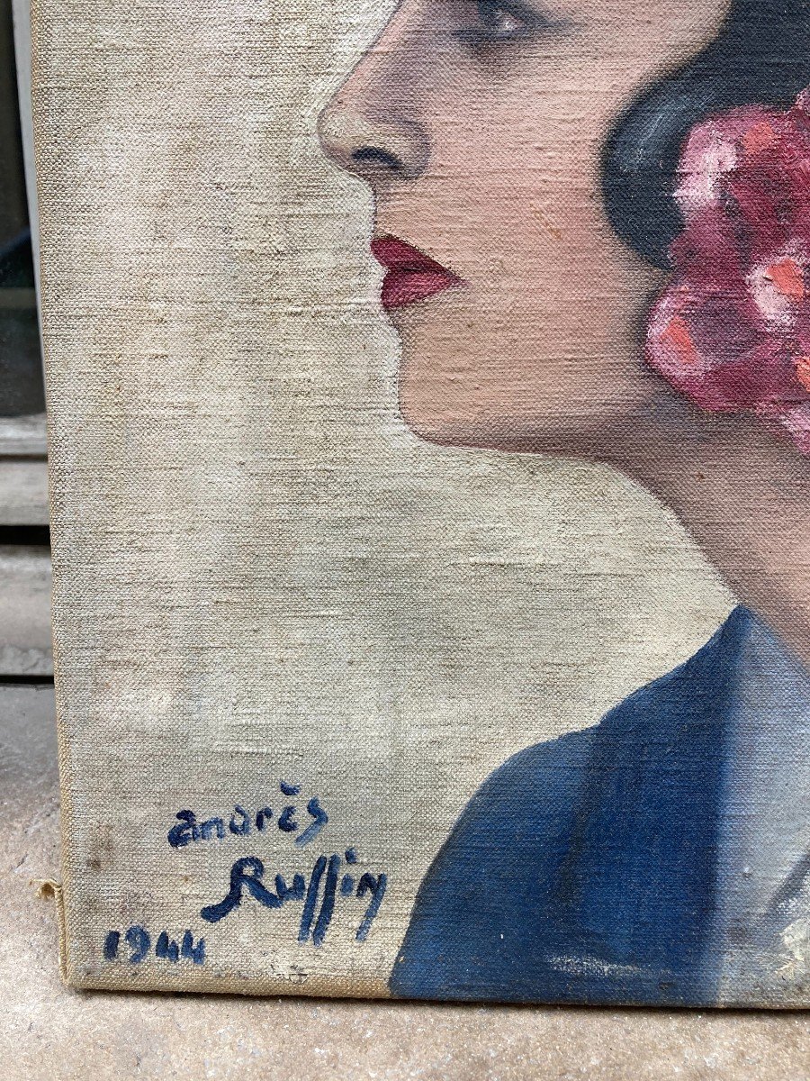 Andr&egrave;s Ruffin (Actif vers 1930-1950). Profil De Femme, 1944. Huile Sur Toile, Sign&eacute;e Et Dat&eacute;e.-photo-1