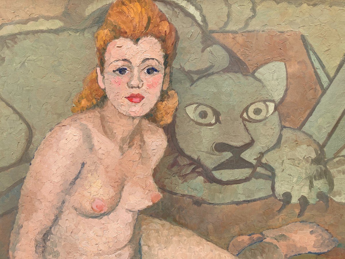 Blas Canovas (1903-1983). The Young Woman And The Tiger, Circa 1950. Oil On Canvas, Signed.-photo-3