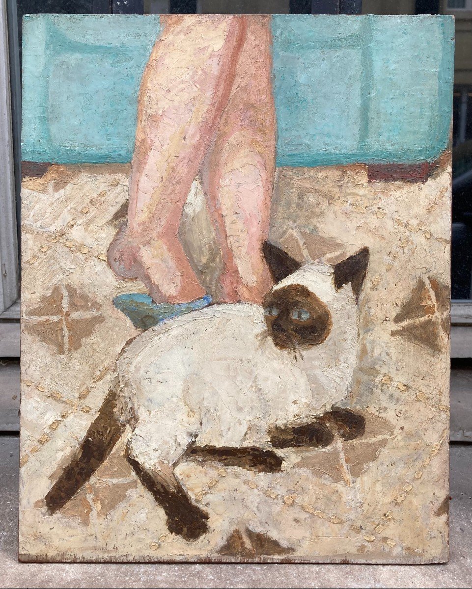 Pierre Roux (1891-1965). Le Chat. Huile Sur Panneau.-photo-2