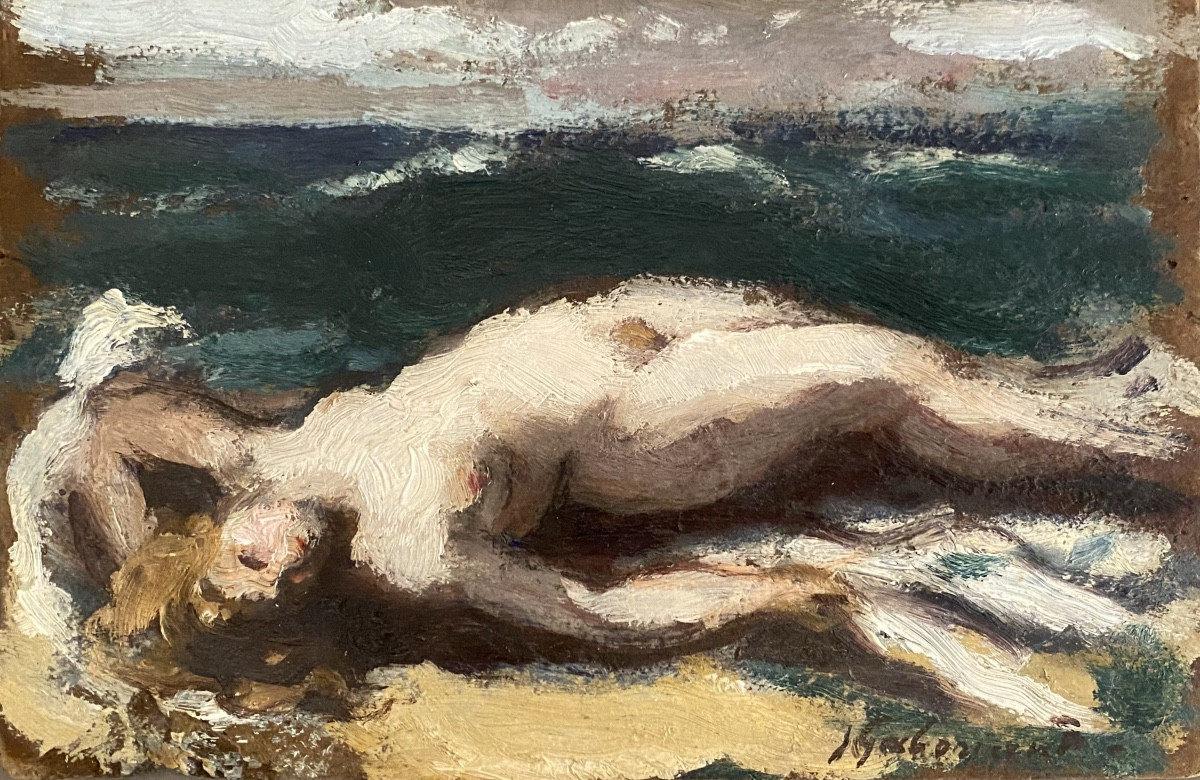 Josu&eacute; Gaboriaud (1883-1955). Nu alangui. Huile sur carton. 
