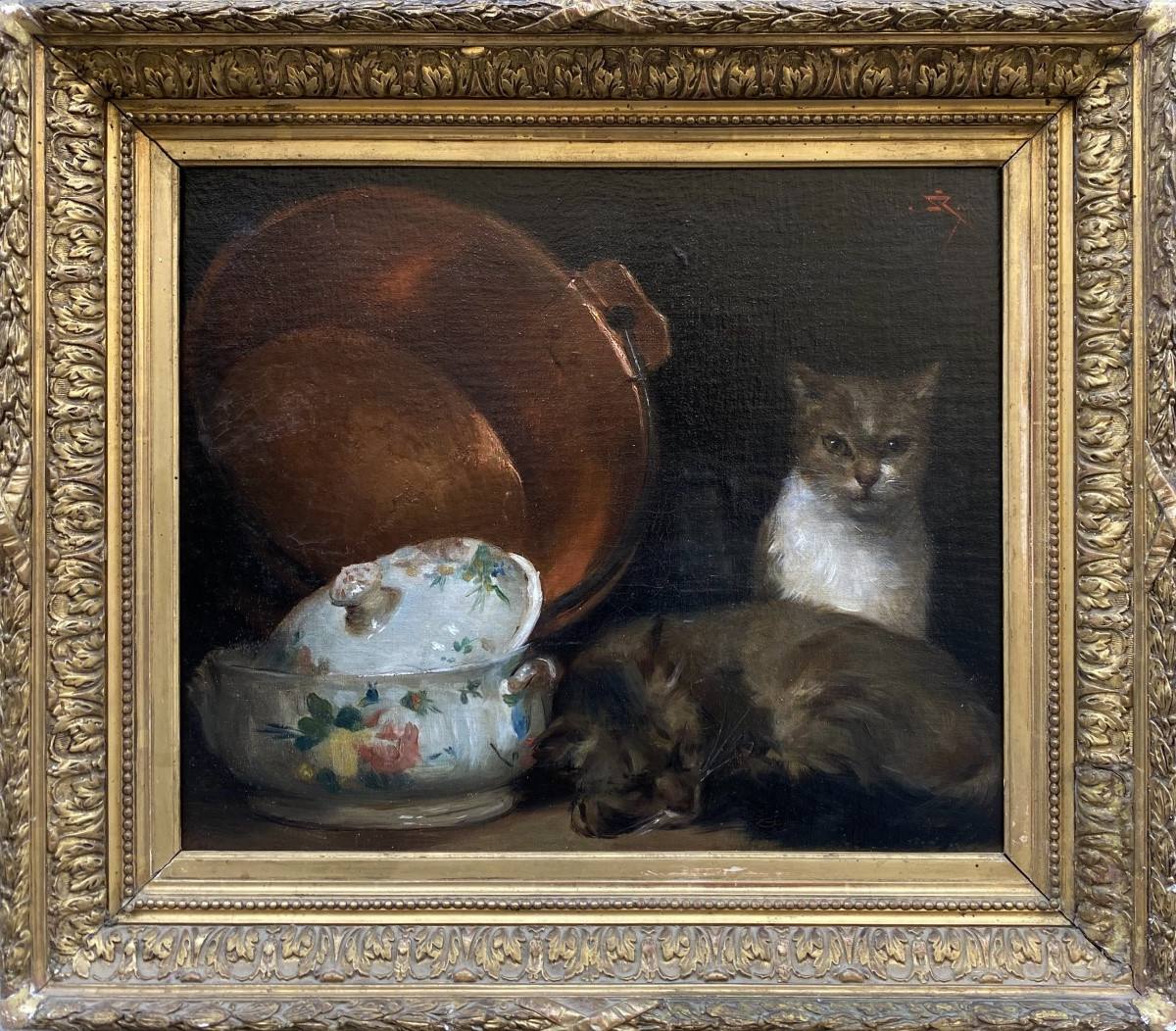 19th Century French School. The Two Cats. Oil On Canvas.-photo-2
