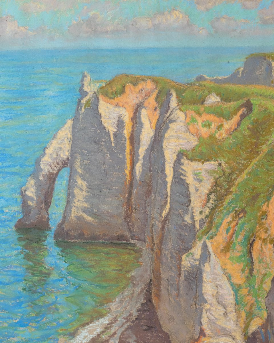 William Samuel HORTON  (1865-1936).  Falaises d&rsquo;Etretat (Normandie). Pastel sur papier, sign&eacute;.-photo-1
