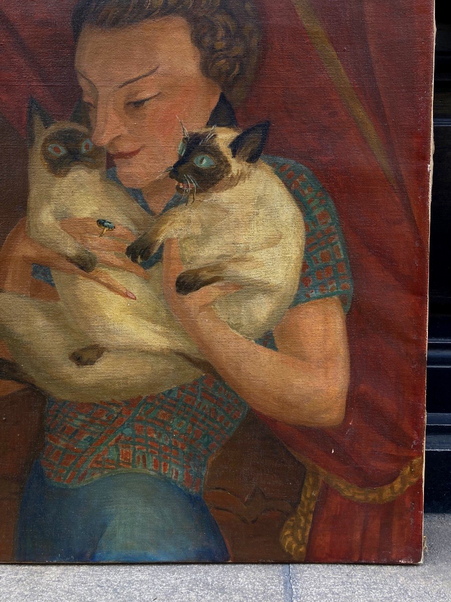 Pierre Roux (1891-1965). Woman With Two Cats, 1948. Oil On Canvas.-photo-4