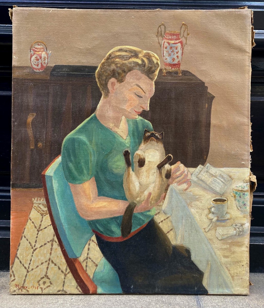  Pierre Roux (1891-1965). L’heure du café avec le chat, 1948. Huile sur toile.-photo-2
