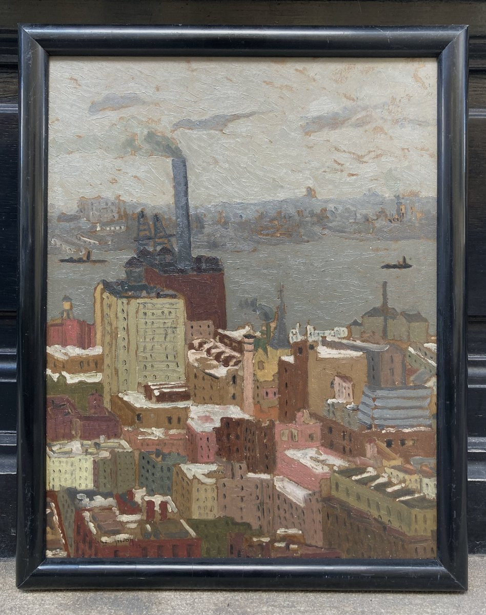 Jacqueline Gilson (1912-1991). Snowy Rooftops In New York (?), 1935. Oil On Paper. -photo-2