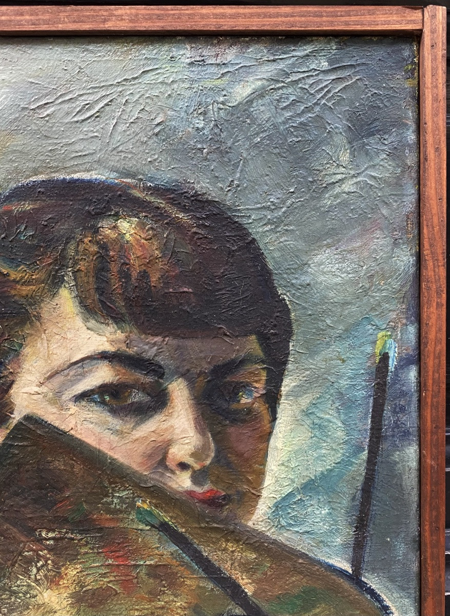 Michèle Marie (Active vers 1930/1950). Portrait du peintre par elle-même. Huile sur toile. -photo-3