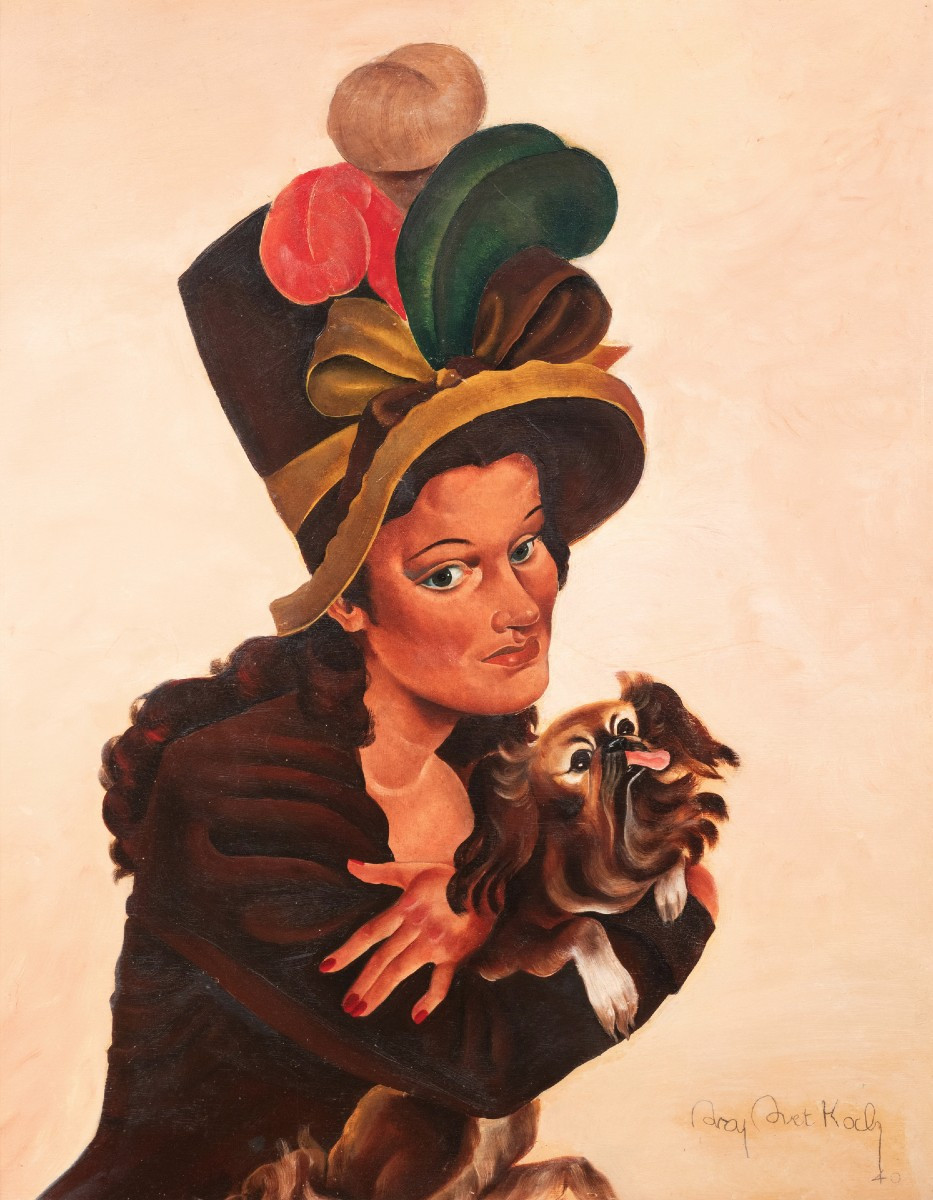 Raymond Bret Koch (1902-1996). Woman With Dog, 1940. Oil On Panel.