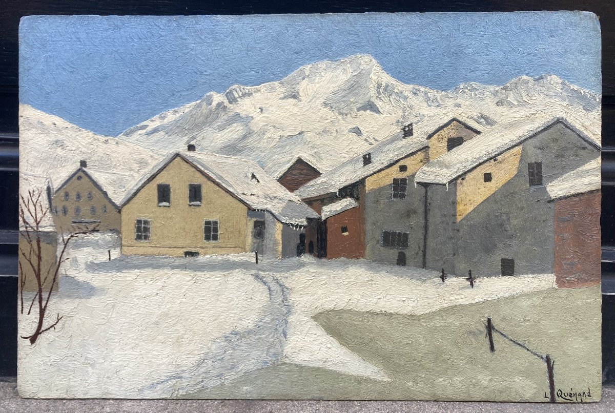 Lucien Quenard (1902-1995). Village enneigé dans les Alpes. Huile sur carton.-photo-2