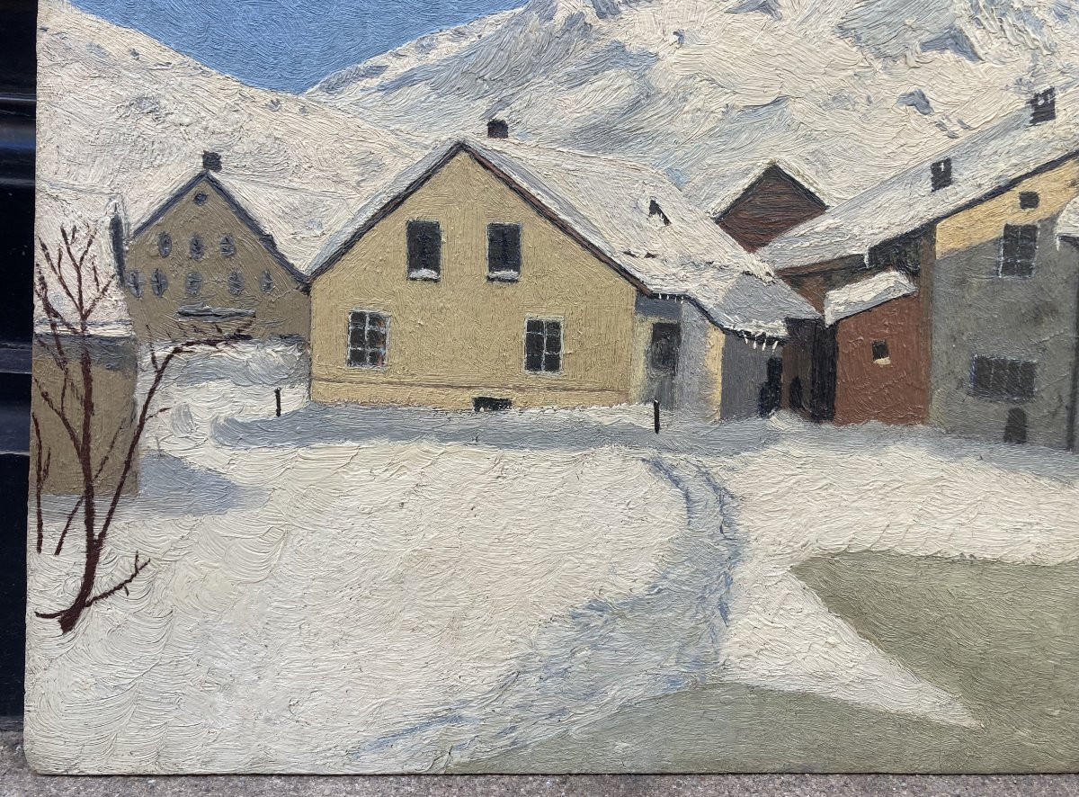 Lucien Quenard (1902-1995). Village enneigé dans les Alpes. Huile sur carton.-photo-1