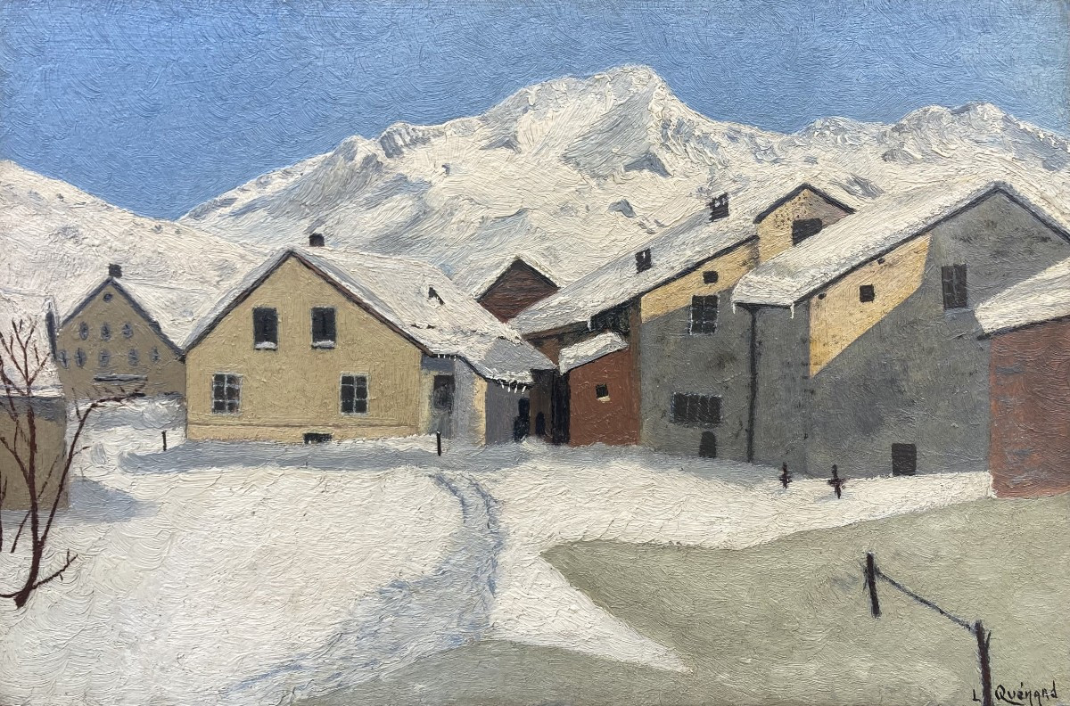 Lucien Quenard (1902-1995). Village enneigé dans les Alpes. Huile sur carton.