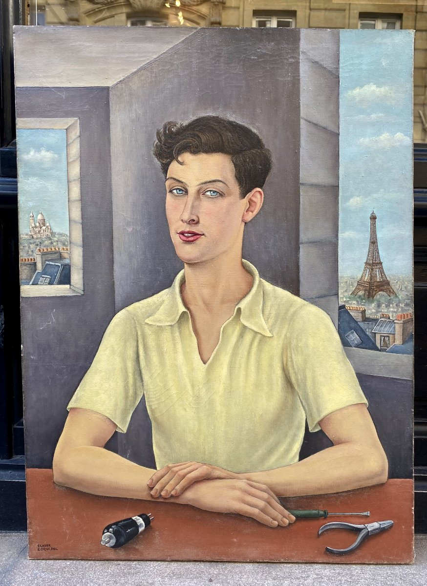 Claude Coquerel (Actif vers 1930). Portrait de jeune homme à Paris, 1937. Huile sur toile.-photo-2