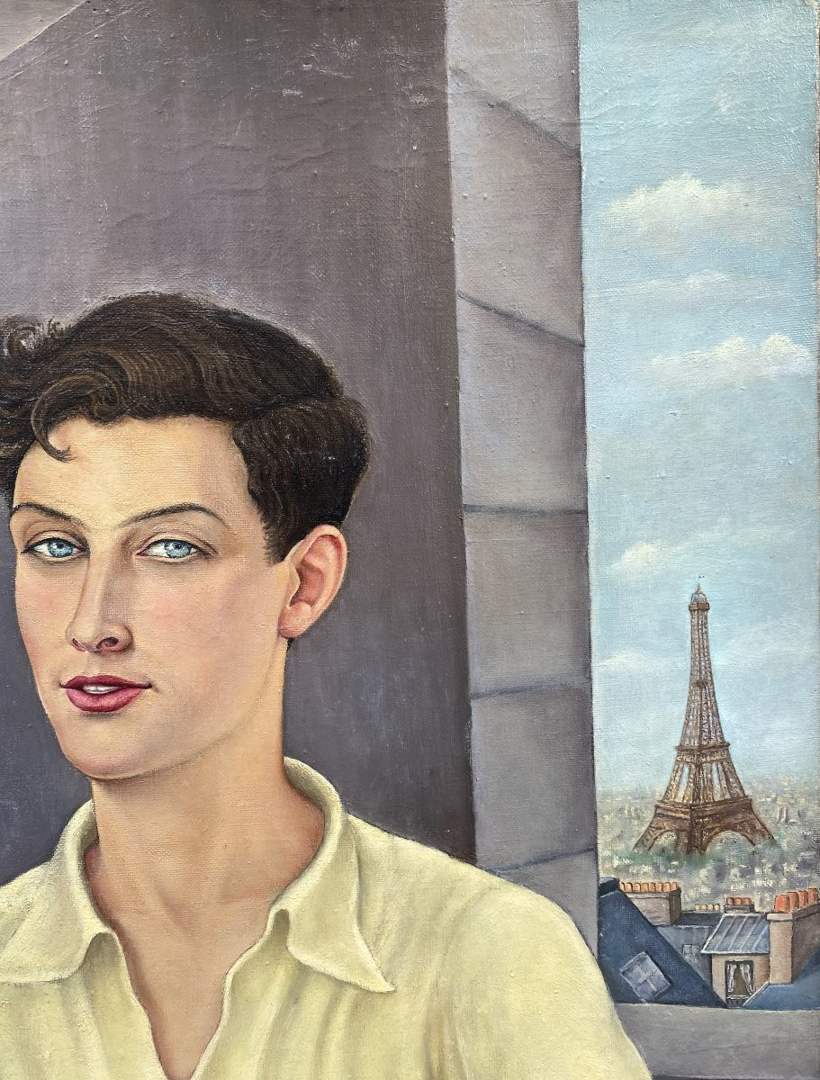 Claude Coquerel (Actif vers 1930). Portrait de jeune homme à Paris, 1937. Huile sur toile.-photo-3