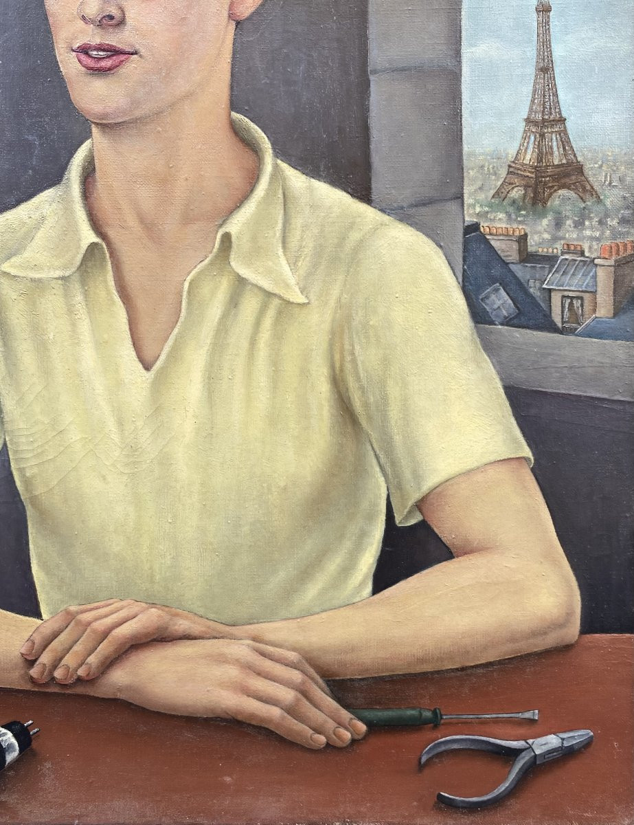 Claude Coquerel (Actif vers 1930). Portrait de jeune homme à Paris, 1937. Huile sur toile.-photo-4