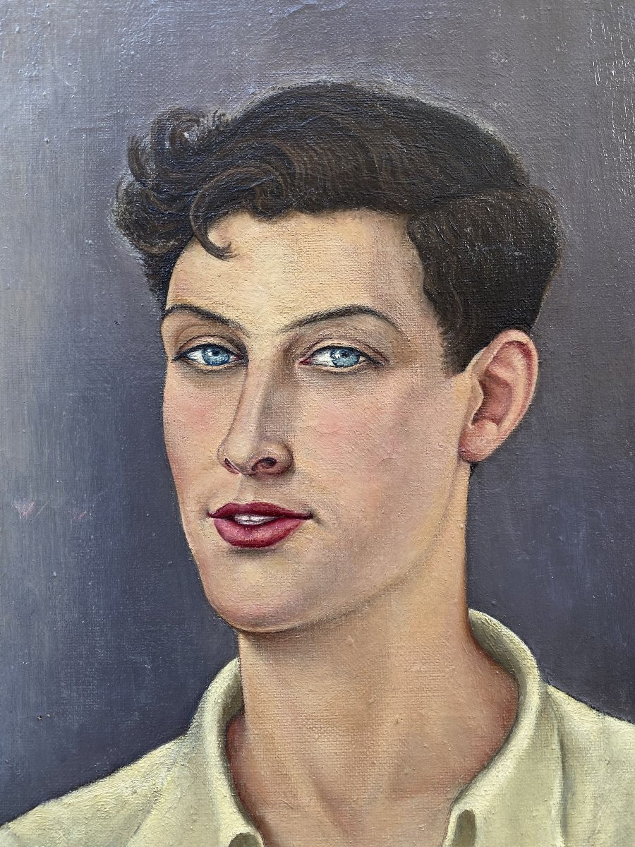 Claude Coquerel (Actif vers 1930). Portrait de jeune homme à Paris, 1937. Huile sur toile.-photo-5