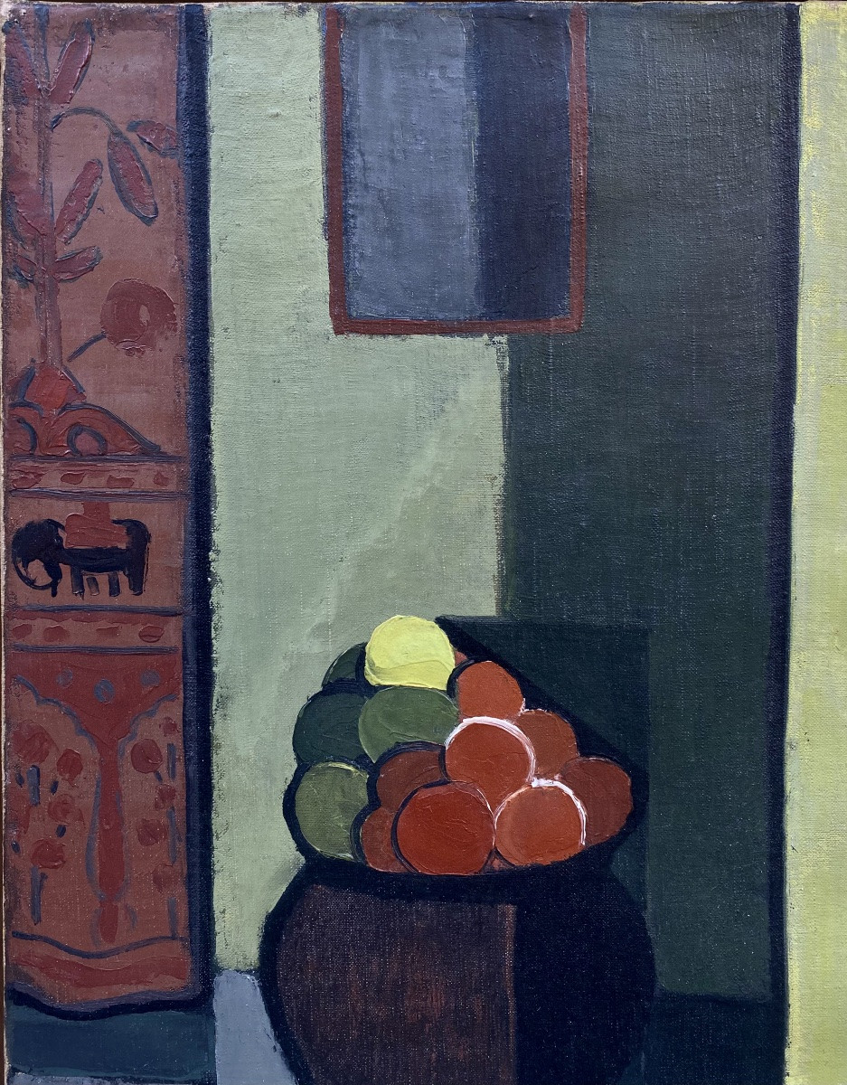Ecole Cubiste, vers 1940.  Intérieur au vase de fruits.  Huile sur toile.-photo-3