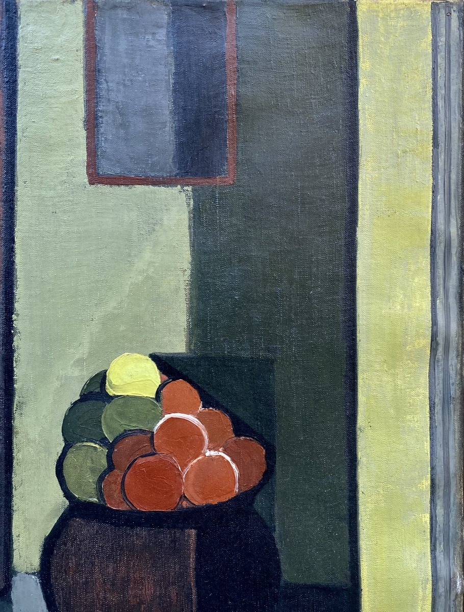 Ecole Cubiste, vers 1940.  Intérieur au vase de fruits.  Huile sur toile.-photo-1