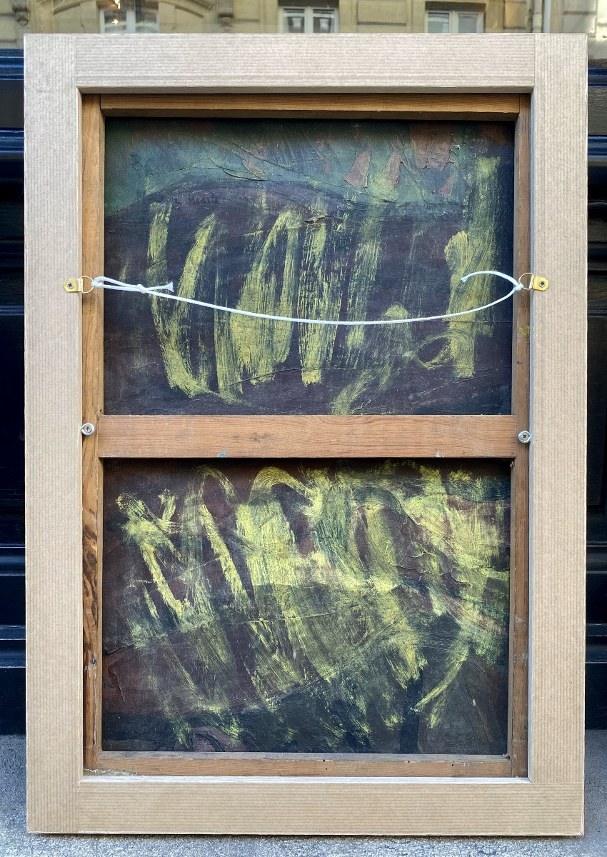 Ecole Cubiste, vers 1940.  Intérieur au vase de fruits.  Huile sur toile.-photo-3