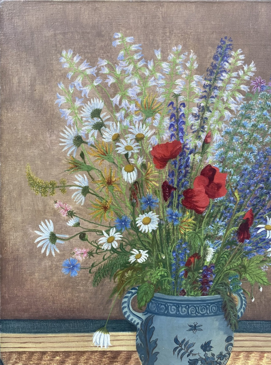Jean Eve (1900-1968). The Bouquet Of Wildflowers, 1957. Oil On Canvas, Signed.-photo-3