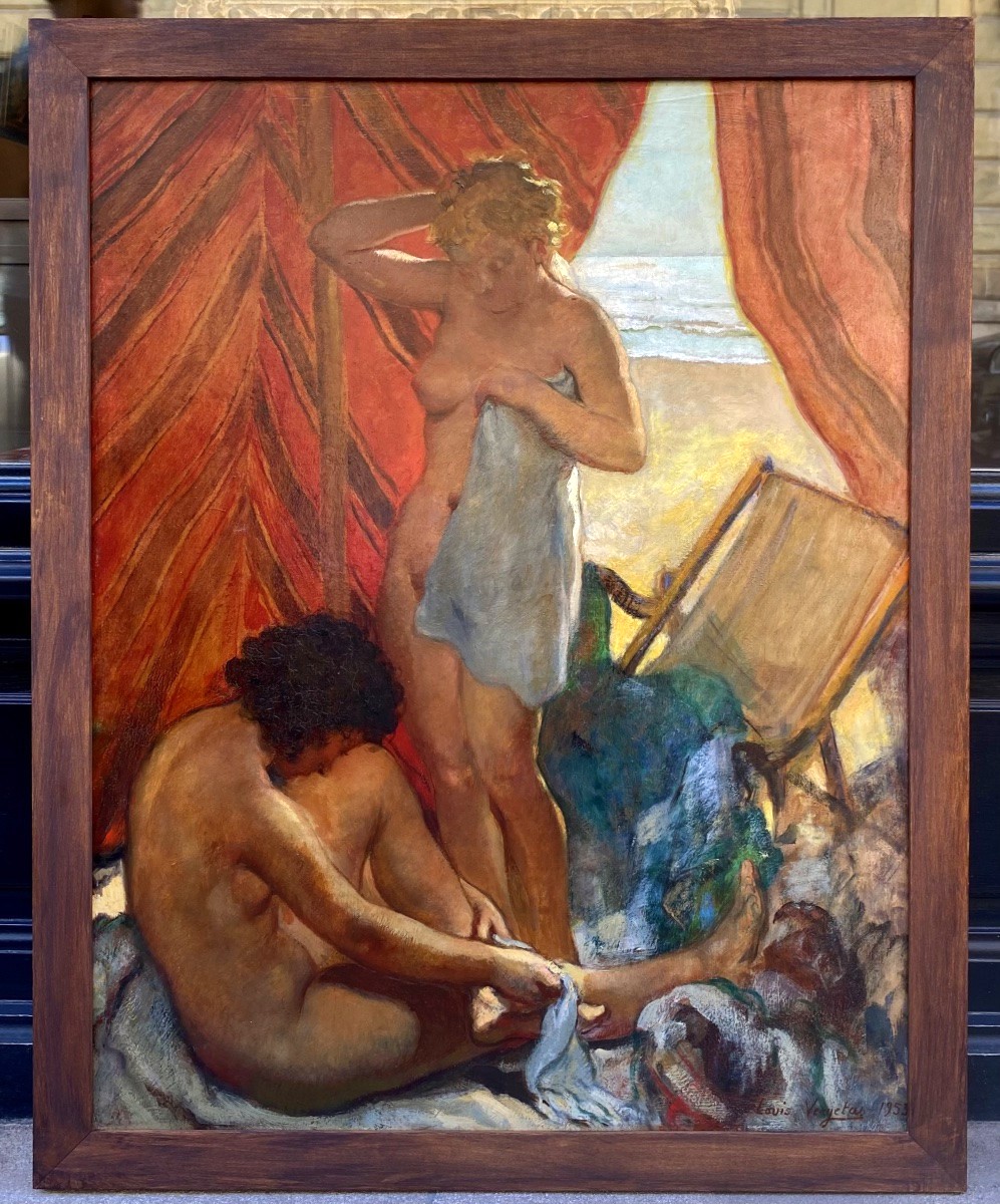 Louis Vergetas (paris 1882 - Elbeuf 1961). Bathers, 1953. Oil On Panel. Signed-photo-1