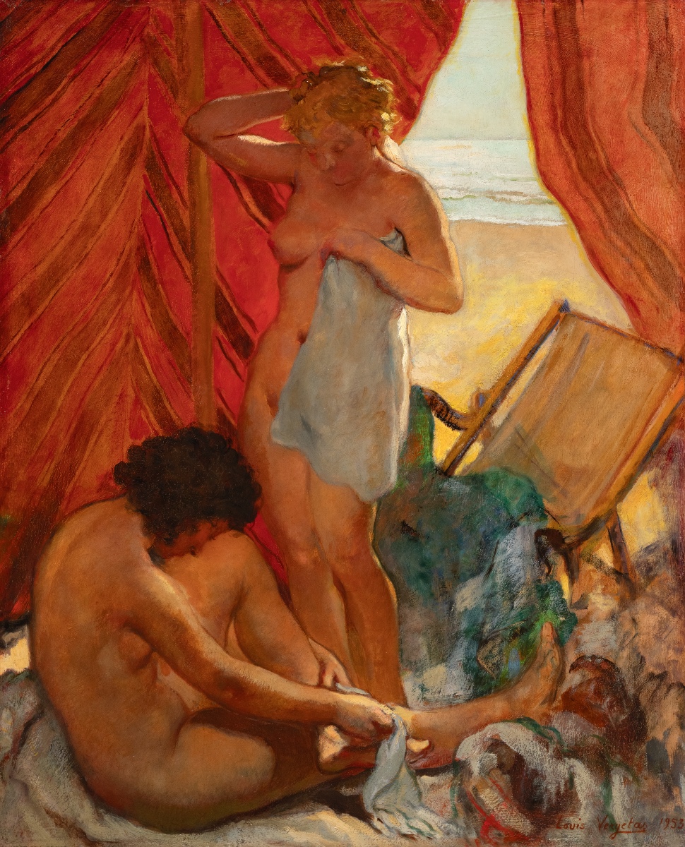 Louis Vergetas (paris 1882 - Elbeuf 1961). Bathers, 1953. Oil On Panel. Signed