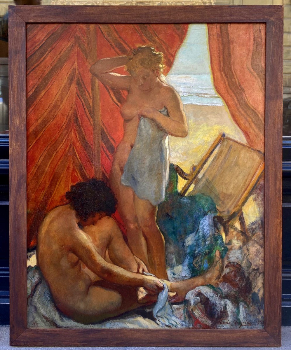 Louis VERGETAS (Paris 1882  - Elbeuf 1961). Les baigneuses, 1953. Huile sur panneau. Signée.-photo-3