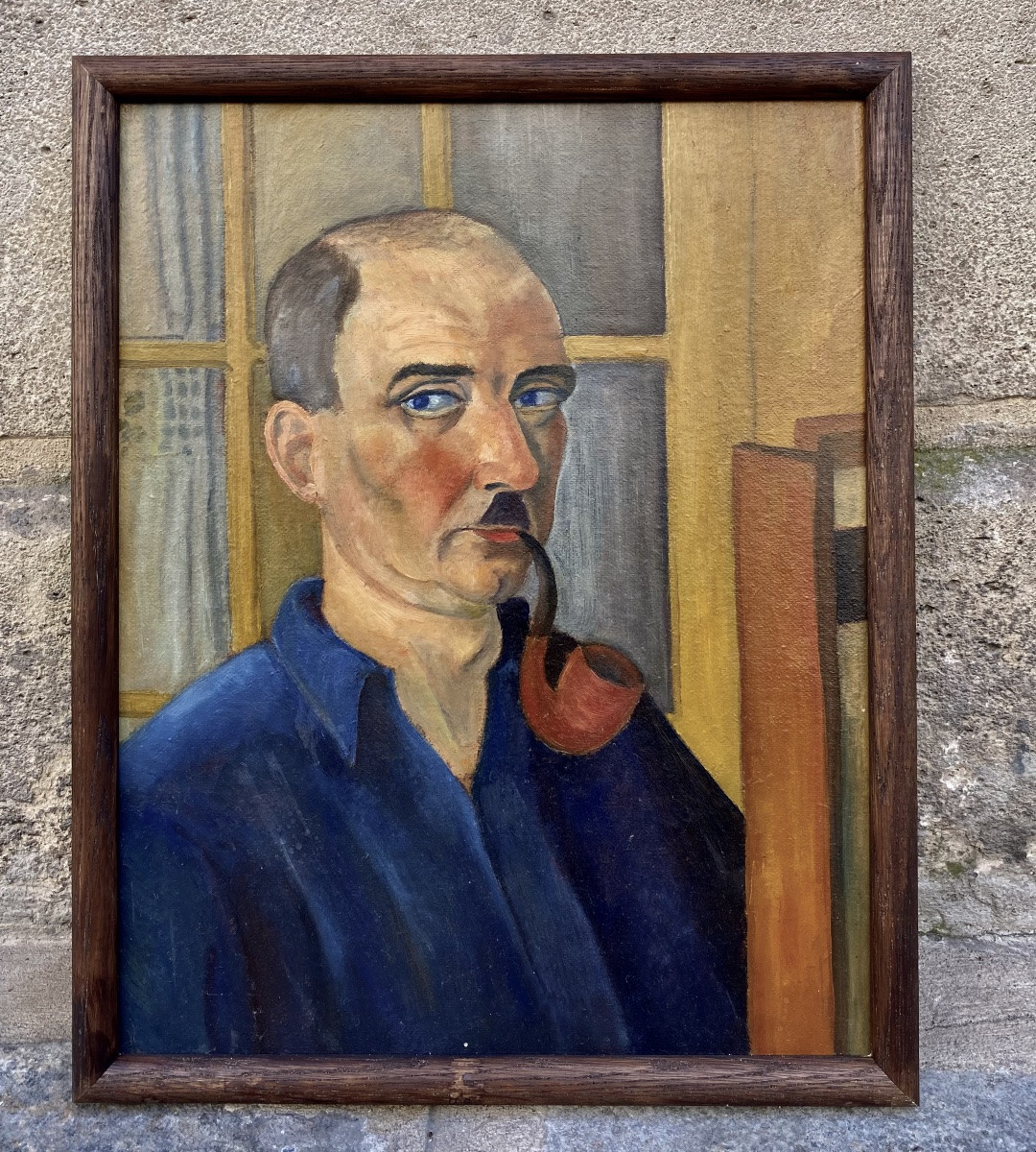 Louis GOYET (1907-1982). Autoportrait à la pipe. Huile sur carton. -photo-2