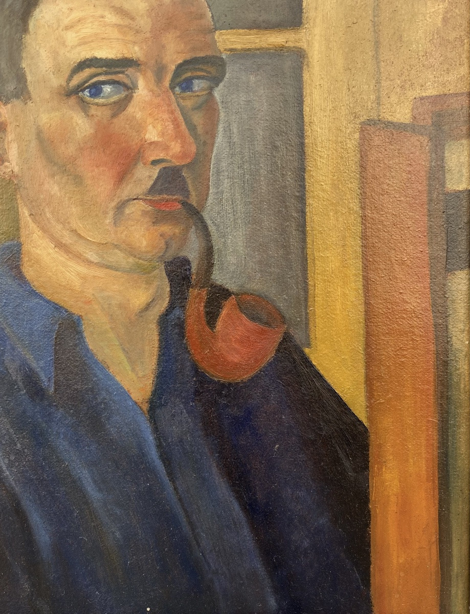 Louis GOYET (1907-1982). Autoportrait à la pipe. Huile sur carton. -photo-2