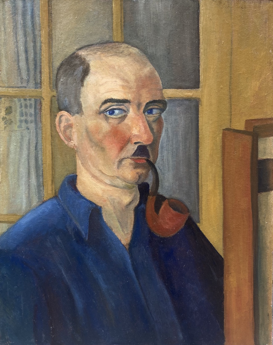 Louis GOYET (1907-1982). Autoportrait à la pipe. Huile sur carton. 