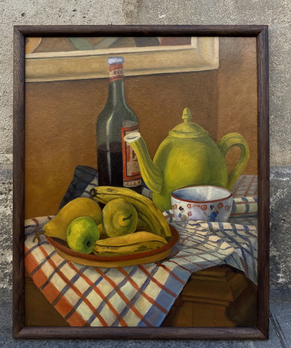  Louis GOYET (1907-1982). Composition sur la nappe. Huile sur carton.  -photo-2