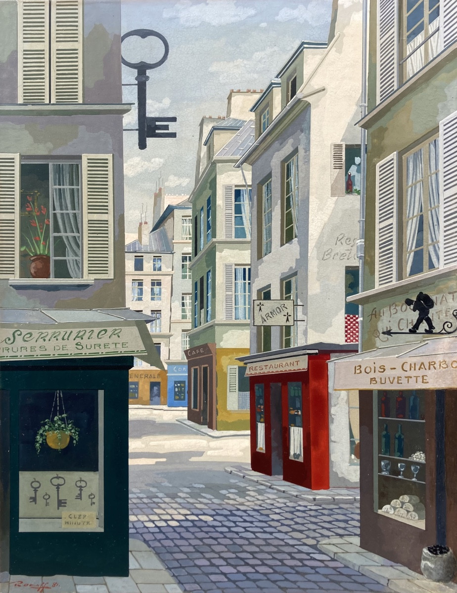 Rastislaw Racoff ( 1904-1982).  Paris Street, 1981. Oil On Panel.  Signed Lower Left.