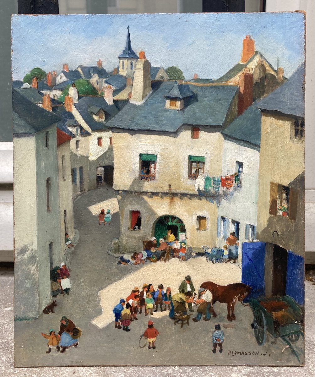 Paul Lemasson (1897-1971). Village animé. Huile sur panneau, signée. -photo-2