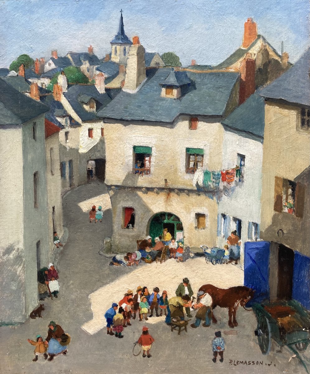 Paul Lemasson (1897-1971). Village animé. Huile sur panneau, signée. 