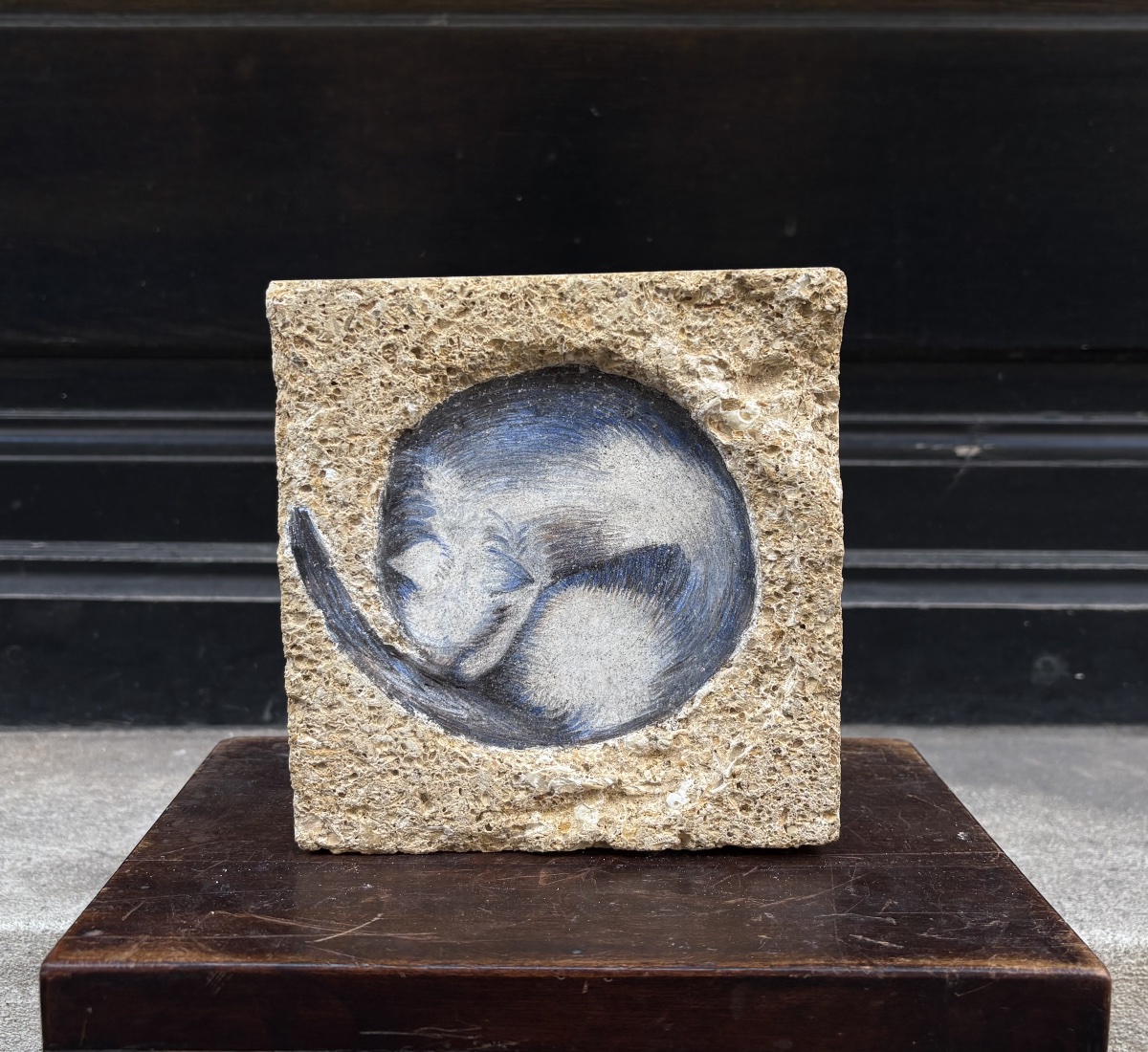 Jeanne-marie Bertaux (1924–2024). The Curled-up Cat. Fresco Painting On Stone.-photo-2