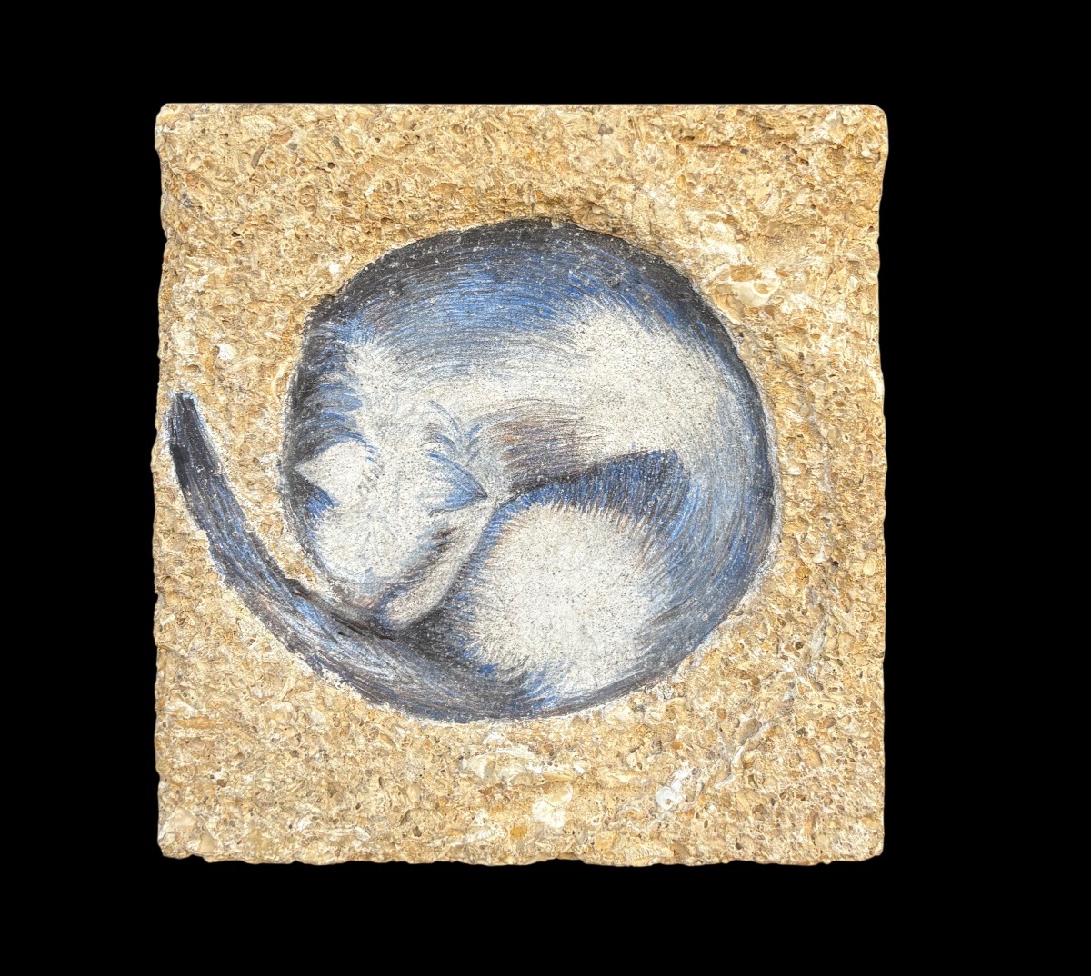Jeanne-marie Bertaux (1924–2024). The Curled-up Cat. Fresco Painting On Stone.