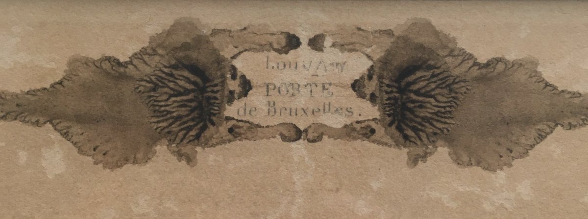 Monogramme MP. Ecole Du XIXème. Porte De Bruxelles à Louvain. Lavis Et Jeu d'Encre En Symétrie.-photo-4