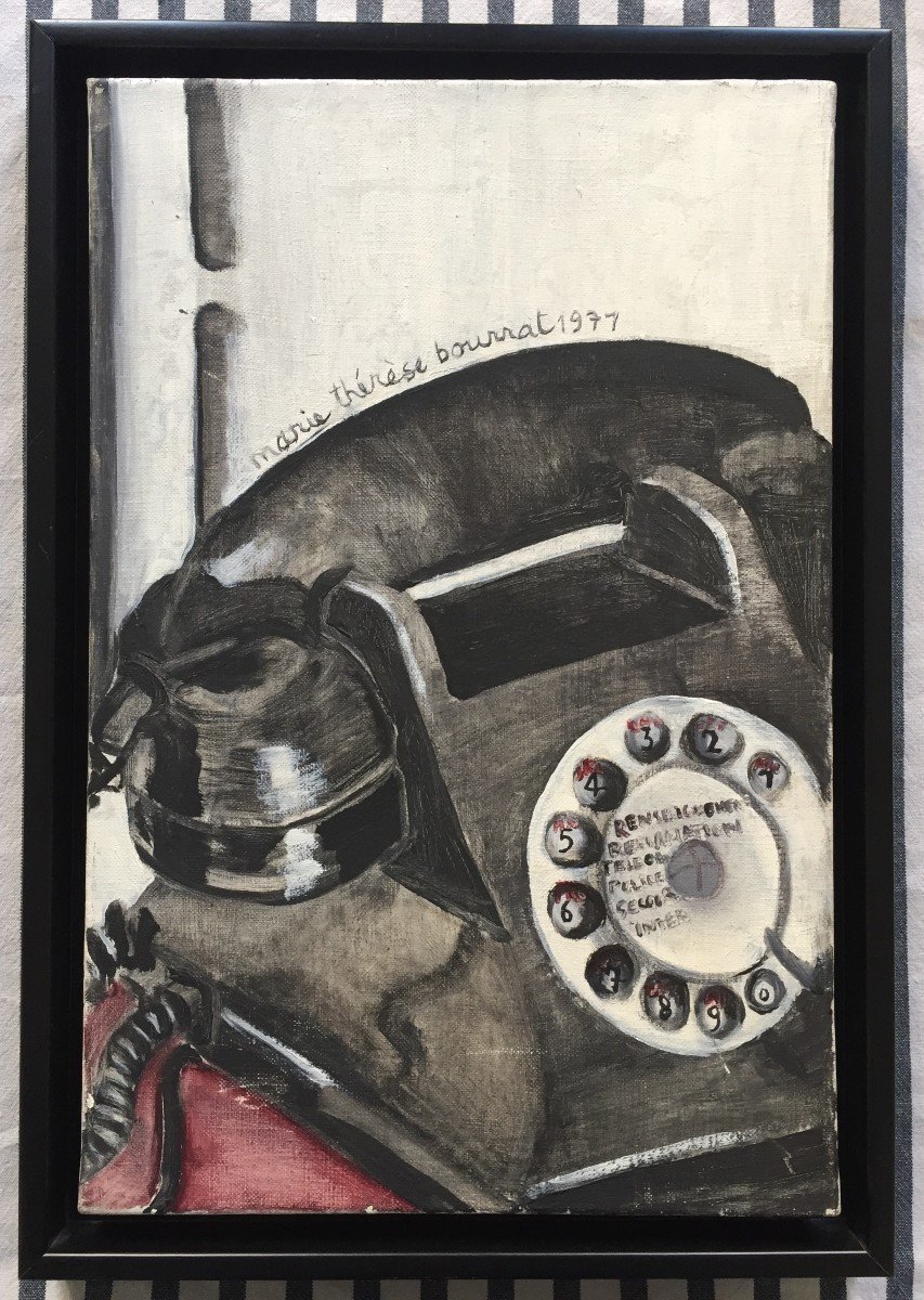 Marie Thérèse Bourrat (born In 1938). Le Téléphone, 1971. Oil On Canvas, Signed.-photo-2
