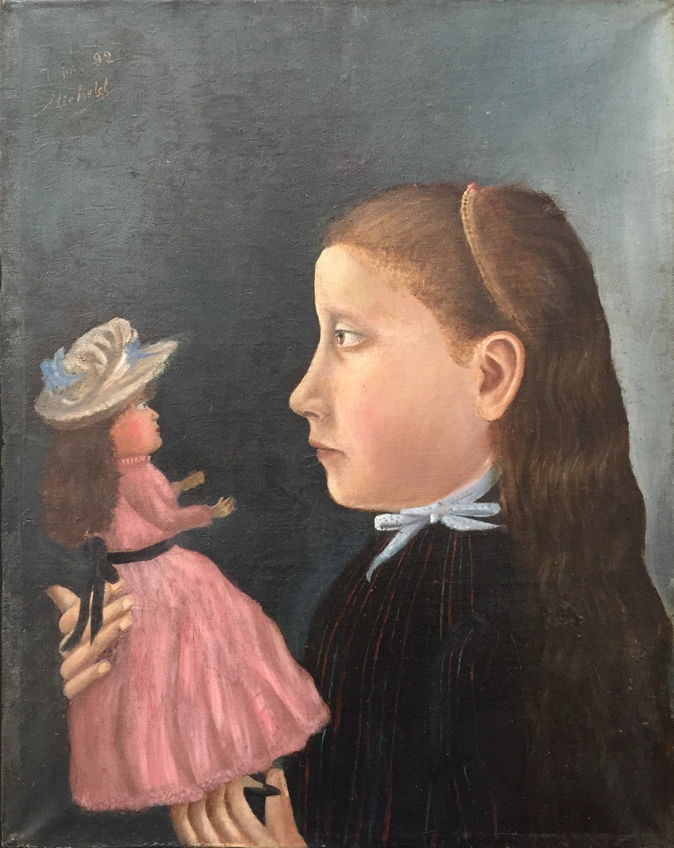 Michelet (xixth-xxth). Young Girl With A Doll, 1892. Oil On Canvas, Signed And Dated. Framed.