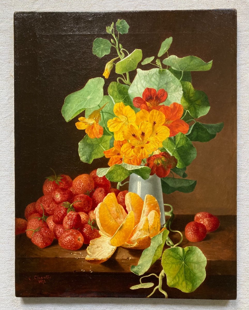 C. CHANTRE (XIXe). Fleurs, Orange Et Fraises, 1872. Huile Sur Toile, Signée Et Datée. -photo-2