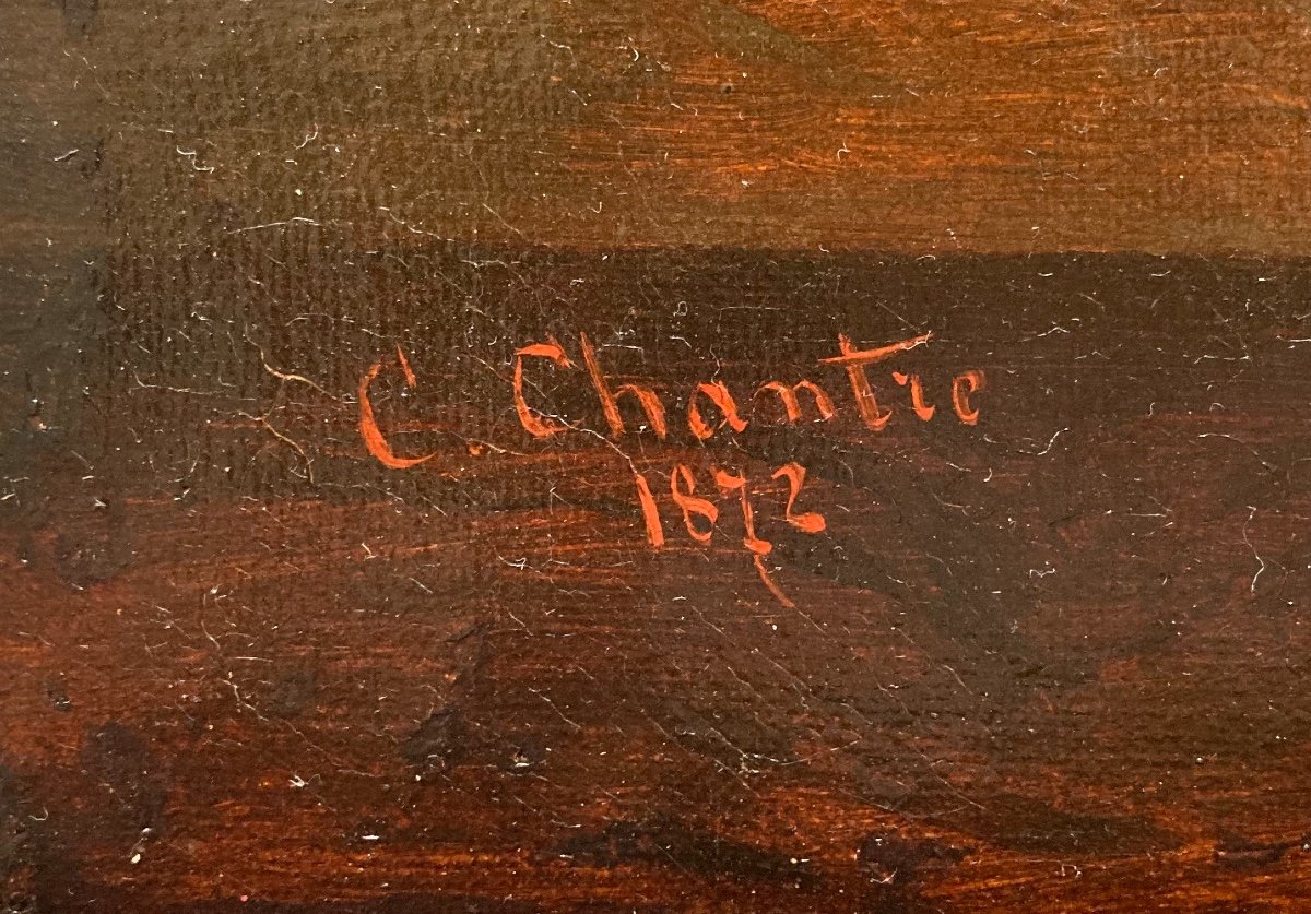 C. CHANTRE (XIXe). Fleurs, Orange Et Fraises, 1872. Huile Sur Toile, Signée Et Datée. -photo-3