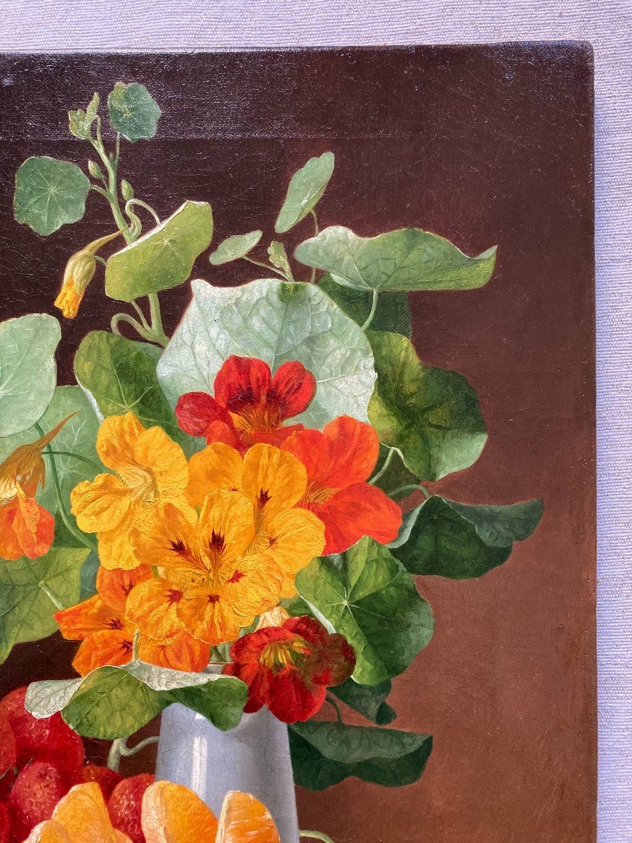 C. CHANTRE (XIXe). Fleurs, Orange Et Fraises, 1872. Huile Sur Toile, Signée Et Datée. -photo-2