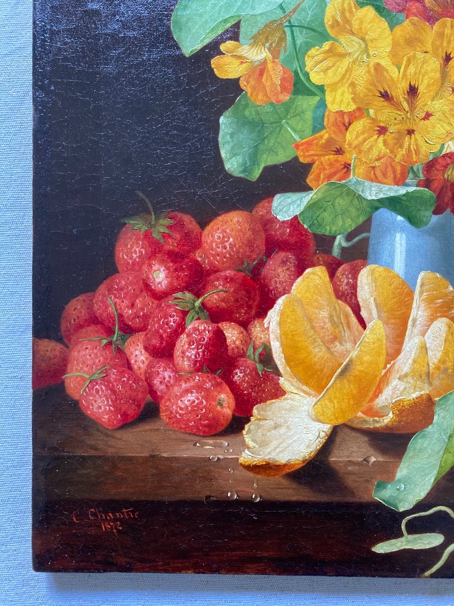 C. CHANTRE (XIXe). Fleurs, Orange Et Fraises, 1872. Huile Sur Toile, Signée Et Datée. -photo-4