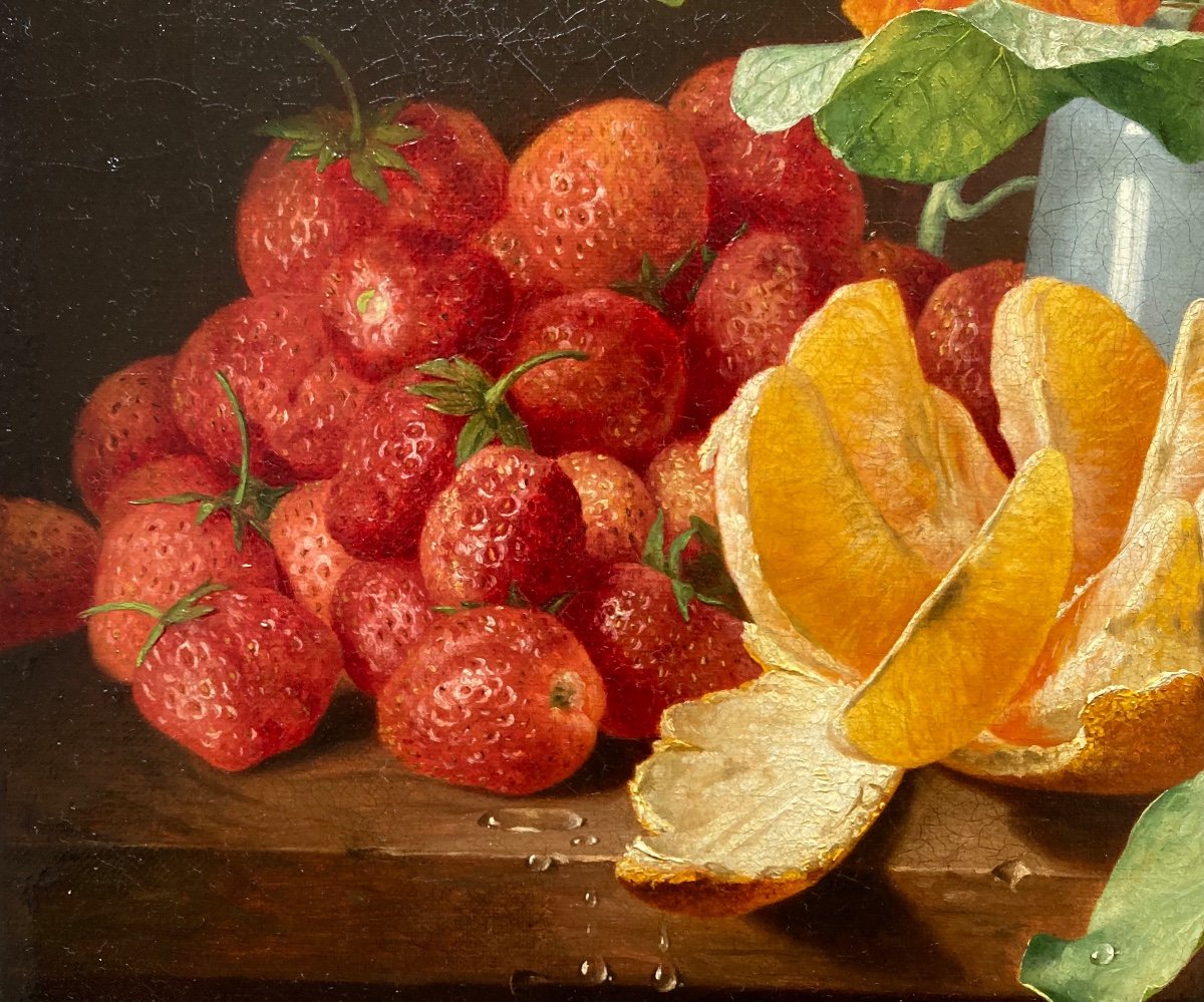C. CHANTRE (XIXe). Fleurs, Orange Et Fraises, 1872. Huile Sur Toile, Signée Et Datée. -photo-5