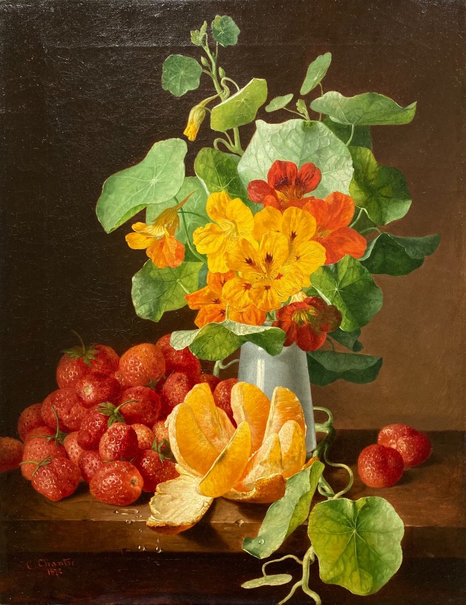 C. CHANTRE (XIXe). Fleurs, Orange Et Fraises, 1872. Huile Sur Toile, Signée Et Datée. 